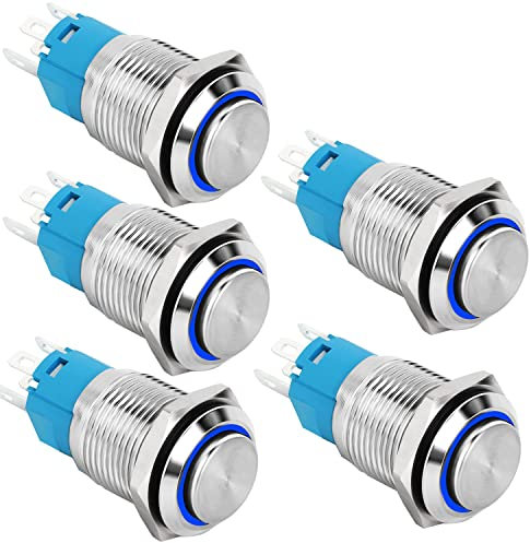 RUNCCI-YUN 12-24 V 3A 16mm 4Pin Wasserdicht Metall Druckschalter Momentanen Taster mit Blau Ring LED-Licht Runde drucktaster für Pkw,Lkw, Schiffen,Türklingeln,Zündsystemen(Hervorstehend)