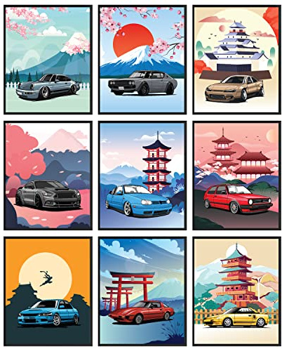 97 Decor JDM Auto-Wandkunst, 9 japanische Retro-Poster, 20,3 x 25,4 cm, ungerahmt