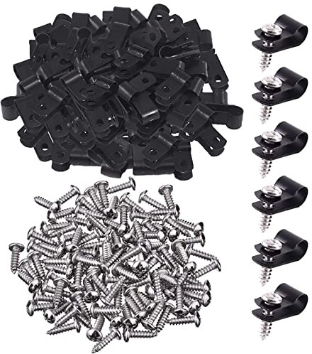 GTIWUNG 100 Pezzi Clip per Cavi, Fermacavi Cavo, Clip Fermacavo, Goccia Porta Filo Del Supporto di Fissaggio R-tipo Cable Management, Cavi da Muro Fermacavi con Viti Serracavi Fascette Plastica,Nero