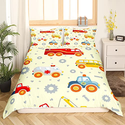 Loussiesd Bagger Drucken Bettwäsche Set Cartoon Auto Betten Set Polizei Auto Bettwäsche Bettbezug 220x240cm Auto Muster Bettdeckenbezug für Kinder Jungs Mädchen Erwachsene