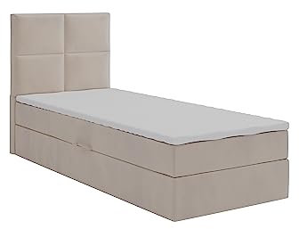 KEF Arizona Mini Boxspringbett 80x200 cm - Bett mit Matratze und Topper - Einzelbett mit Bettkasten - Polsterbett mit Kopfstütze - Bonell-Matratze H3 - Tiffany Beige - Öffnung rechts