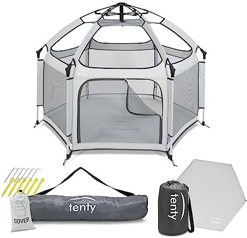 tenty Baby Pop-Up Laufgitter Set für drinnen und draußen - 150 x 100 cm - mobiler Laufstall mit Tragetasche, UV-Dach und Bodenmatte - für zuhause, Reisen, Camping - Grau (Grau)