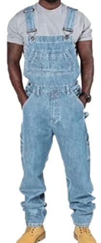 ORANDESIGNE Herren Denim Latzhose Overalls Männer Cargo Jeanshose Retro Jumpsuit Arbeitshose Loose Fit Latzanzug C Hellblau LNNN