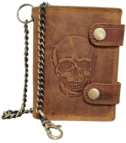 ayados Geldbörse Skull Motiv Herren Echt Leder Portemonnaie mit Hosenkette Geld-börse Portmonee Vintage Wallet Totenkopf (Skull Geldbörse mit Kette Braun Hochformat 103(DL))