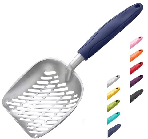 WePet Cat Litter Scoop, Aluminum Alloy Sifter, Kitty Metal Scooper, Deep Shovel with Diagonal Sifting Hole, Long Handle, Kitten Poop Lifter for Litter Box, Medium Size, Blue Handle