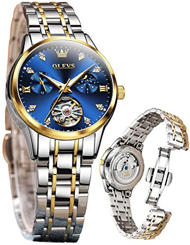 OLEVS Damenuhr Damen Automatik Mechanisch Skelett Luxus Diamant Elegant Edelstahl Wasserdicht Analog Original Silber Blau Uhr