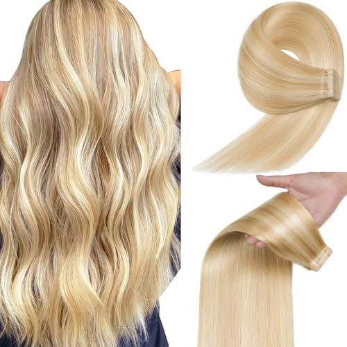 YDDM Tape In Extensions Echthaar 20pcs 35cm 40g Aschblond mit Bleichblond Invisible Tape Extensions Echthaar Extensions Echthaar Ombre Tape Extensions Skin Weft Haarverlängerung(14Zoll,18/613#)
