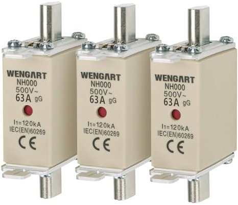Wengart Enlace fusible tipo cuchilla NH000, clase gG AC500V 63A, 3 piezas, 120kA para protección general en sistemas de distribución de bajo voltaje y aplicaciones industriales