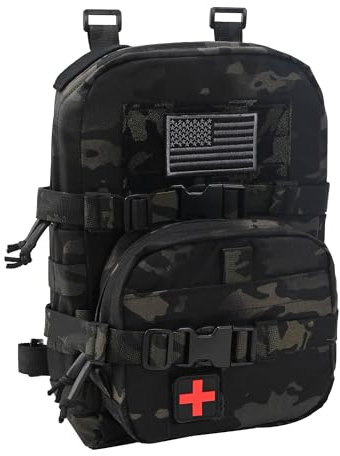 Taktischer Mini-Molle-Trinkrucksack, tactifans Outdoor-Molle-Trinkträger mit IFAK-Tasche & US-Flagge & Med Patch, Hydropack für 2 l Wasserblase, Molle-Weste, Rucksack-Zubehör (Multicam-Schwarz)