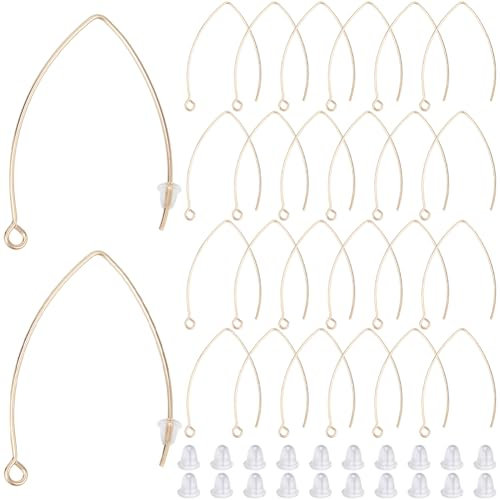 SOFPLATE 1 Box 40Pcs Long Earring Hooks Gold Earring Findings Bulk Marquise V Shaped Earring Wires with Ear Nuts and Loop Hole Drop Dangle Stainless Steel Ear Wires for jewellery Making Supplies DIY