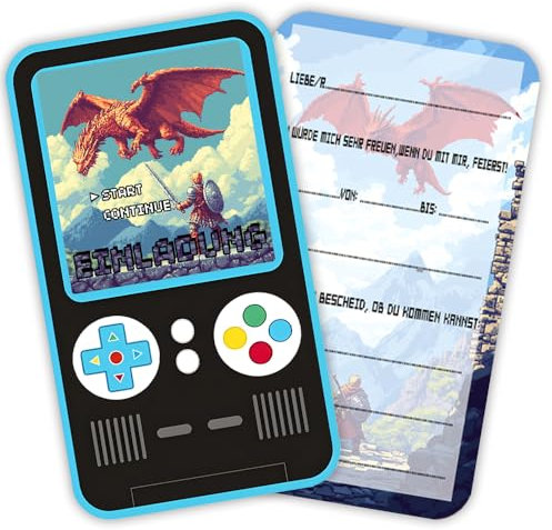ZELAITE 12 Gaming Einladungskarten Kindergeburtstag Jungs, Gamepad Party Einladungskarten, Gaming Einladung Kindergeburtstag für Mädchen Jungen, inkl. 12 Briefumschläge (J)