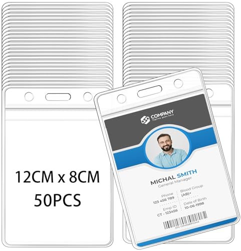 FZENeast 50 Stück Kartenhüllen, Extra Dick Transparente Wasserdicht Vertikal Namensschild Ausweishüllen für Ausweise Karten Schule(12 x 8CM)
