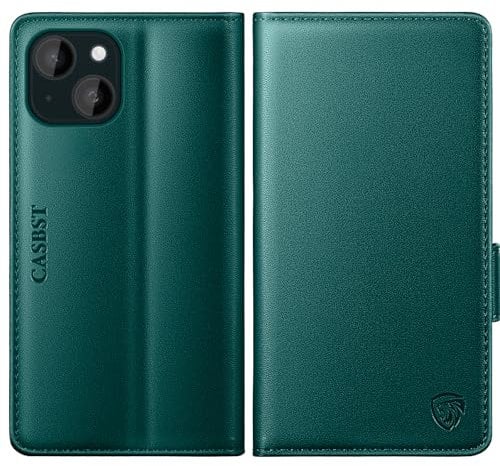 CASBST for iPhone 13 Case, Kickstand Flip Leather Wallet Book Case with Card Slots Shockproof Magnetic Closure Protective Phone Case Cover Compatible with iPhone 13 - Green