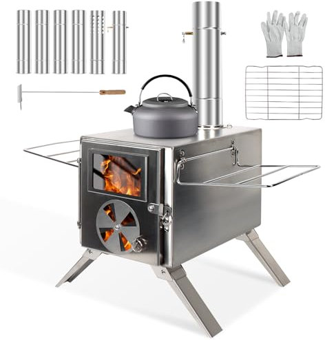 LAMA Tent Camping Stove, Portable Folding Stainless Steel Wood Stove with Chimneys and Gloves, Wood Burner for Tents, Hiking, Cooking, Heating, Camping, Silverwhite
