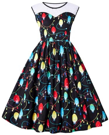 Evensu Womens Christmas Dresses Ladies Plus Size Round Lace Neck Dress Black Printed Skirt for Xmas Cocktail Vintage Party Size 20-22