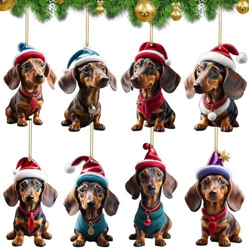 8 Stück Dackel Weihnachtsbaumschmuck, Weihnachtsbaumschmuck, Acryl Dackel Deko, Dackel-Hund-Auto-Anhänger, Weihnachten Deko Auto Anhänger, Weihnachtsanhänger Dackel Deko