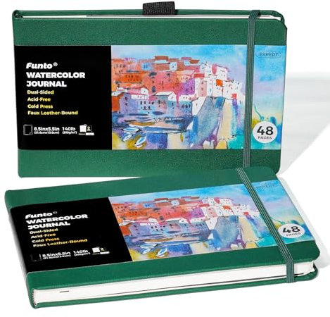 Funto Wasserfarben-Tagebuch, 8,5x5,5 Zoll, 2 Pack, 48 Seiten pro Pack, grünes Ledercover, kaltschlägrig, Innentasche für Papier, Kunstbedarf für Mixed Media