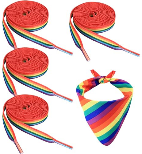 XRXYMQ 2 Paar Bunte Schnürsenkel mit 1 Regenbogen Bandana Haarband, 140cm Regenbogen Schnürsenkel Bunt, Flach Schuhbänder für Pride Accessoires Lgbtq Accessoires, Shoe Laces für Laufschuhe Sporschuhe