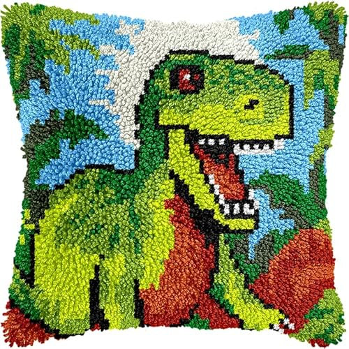 WallustrioaW Animal Embroidery Latch Hook Pillow Cover Kit,Green Dinosaur,Cross Stitch Cushion Covers Kits DIY Craft Needlework Latch Hook Kits for Kids Adults,43x43cm