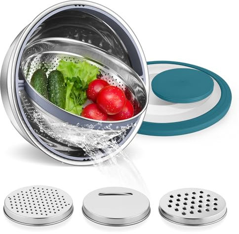 E-far Colador con juego de cuencos para mezclar, colador de acero inoxidable de 4.5 cuartos con ralladores para cocina, cuenco giratorio para enjuagar frutas, verduras y pasta, color azul