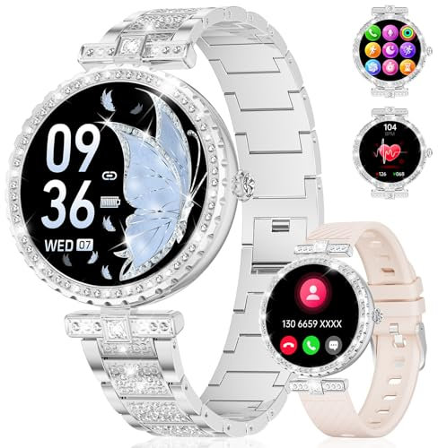 Damen Smartwatch 1.19 AMOLED Always-on Display Bluetooth Anrufe Smart Watch Damen für Android iOS 100+Sport Rund Damen Smartwatch Silber Edelstahl Frauen Smartwatch Herzfrequenz Schlaf Monitor