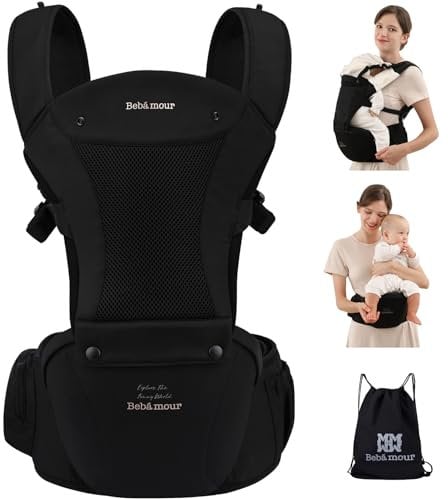 Bebear Babytrage,Bebamour Babytrage für 0-36 Monate, 3D Air Mesh Babytrage Rucksack für Neugeborene bis Kleinkinder, nach Sicherheitsstandard zugelassen, ergonomischer 6 in 1 Fronttrage(02 Black)
