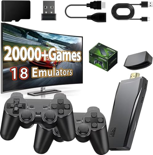 Lysliv Wireless Retro Game Console Stick, Nostalgia Gaming Stick, Plug & Play TV Video Gaming Stick with 20000+ Games Built-in, 18 Retro Emulators 64GB, 4K HDMI Output, 2 2.4G Wireless Controllers