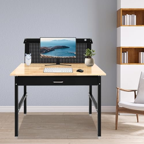 Adjustable Garage Workbench 122 x 61 cm Work Bench for Garage Office Home 65-90cm Height Adjustment Workbench, Oak+Carbon Steel Heavy Duty Workbench for Workshop Home, 900 kg Load Capacity