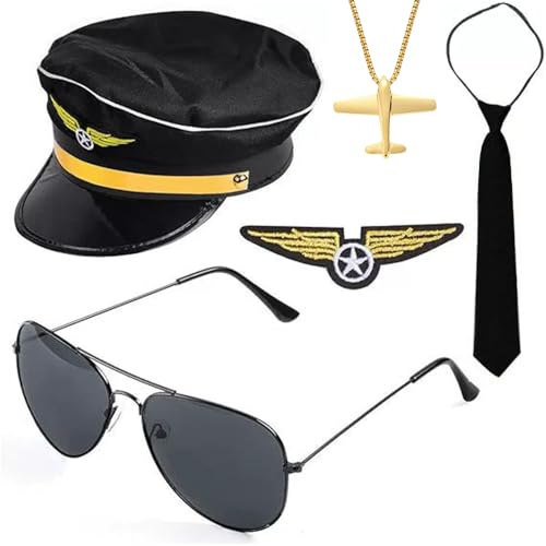 TOEECY Set Accessori Costume Capitano Pilota Uomo Cappello da Pilota, Distintivo, Cravatta, Cinghie, Occhiali Sole perfetto per Feste Maschera e Cosplay Uomini Adulti