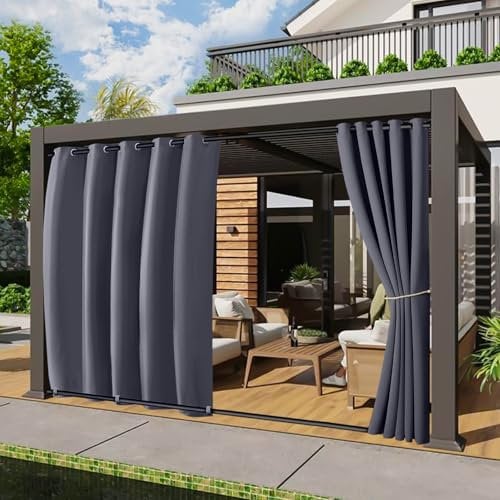 2er Set Outdoor Vorhang Wetterfest, Breit B180xH213cm Windschutz Outdoorvorhänge mit ösen Oben und Zugring unten, Große Größe Outdoor Gardinen Sonnenschutz für Balkon Pergola Terrasse (Dunkelgrau)