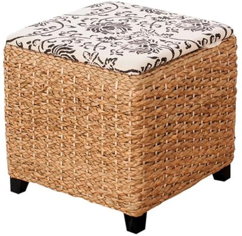 Fußhocker Im Ländlichen Stil, Hocker Aus Massivholz-Rattan, Sitzpouf Mit Klappdeckel, Montagefreies Design(38 * 38 * 38cm)
