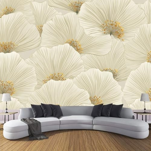 3D Photo Wallpaper Elegant Flowers 350×256cm (WxH) ，Cream Mural Silk Wall Decor Poppy Petals Print Silk Cloth Mural Wallpaper for Living Room Bedroom Wall Decor