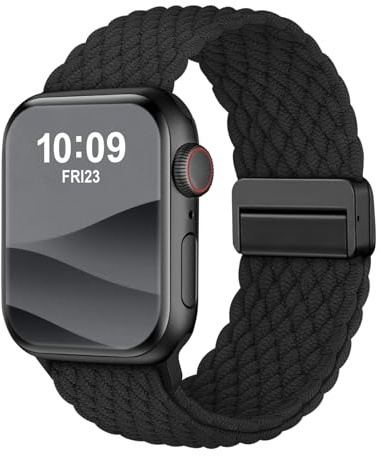 Geflochtenes Armband Kompatibel mit Apple Watch Armband 45mm 44mm 46mm 49mm,Elastisch Stoff Sport Nylon Armbänder mit Magnet Verschluss für iWatch SE 3 Series 11 10 9 8 7 6 5 4 3 2 1, Schwarz