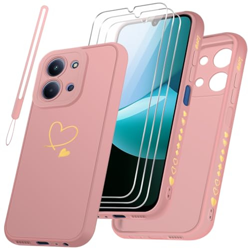 jrester Handyhülle für Xiaomi Redmi 15C 4G/5G/Poco C85 EU Version（Nicht für Global Version） und 3 Stück Hartglas Schutzfolie + 1 Schlüsselband, Stoßfest und Kratzfest Schutzhülle (Rosa)