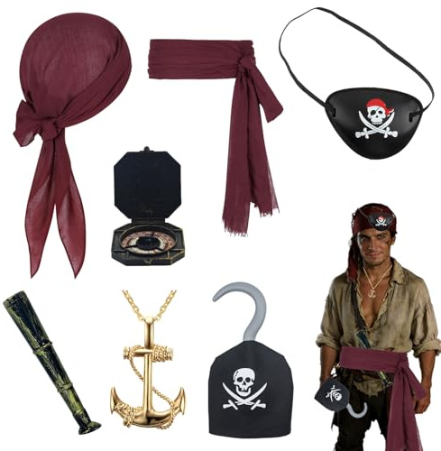 Piratenkostüm für Erwachsene und Kinder – 7-teiliges Set mit Kompass, Teleskop, Augenklappe, Gürtel, Halskette und Piratenhaken für Mittelalter- und Mottopartys, Halloween und Geburtstagsfei