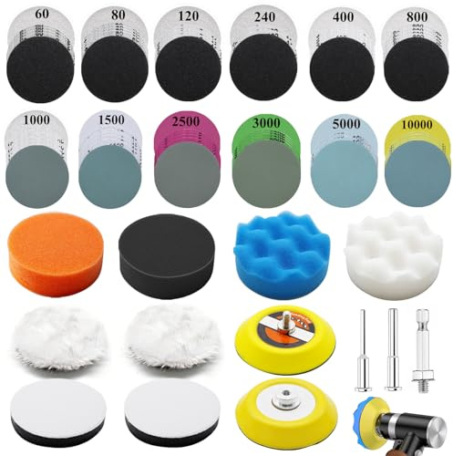 Sunxeke 133PCS 3 Inch Sanding Discs Drill Polishing Kit,Wet-Dry 60-10000 Grit Hook-and-Loop Sandpaper,Buffing Pads Drill Sanding Attachment for Car Headlight Restoration, Metal, Wood, Resin Polishing