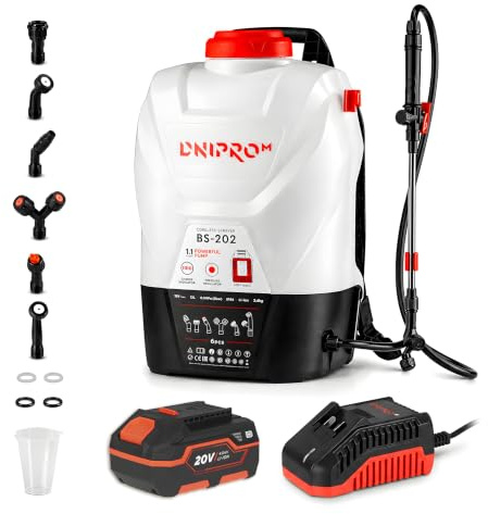 Pulverizador Dnipro-M BS-202, Mochila 12 L, con Batería 4Ah y Cargador | Presión máxima de 5 bar │ 6 boquillas intercambiables incluidas │ Incluye batería BP-240 4Ah y cargador FC-230