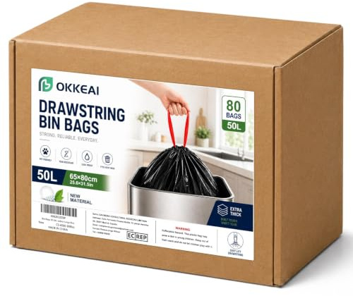 OKKEAI 50L Bin Bags Heavy Duty, Swing Bin Liners, Black, 80 Counts | Leak-Proof, Unscented, Refuse Sacks with Drawstring, Suitable for Kitchen Waste Bins