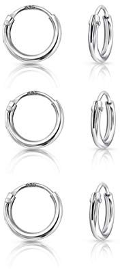 DTPsilver - Klein Creolen - 3 Paar Ohrringe 925 Sterling Silber - Helix/Tragus/Knorpel - Dicke 1.2 mm - Durchmesser 8 mm