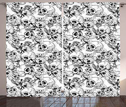 ABAKUHAUS Feier Rustikaler Vorhang, Sketch Toten Schädel, Wohnzimmer Universalband Gardinen mit Schlaufen und Haken, 280 x 175 cm, Schwarz Weiß
