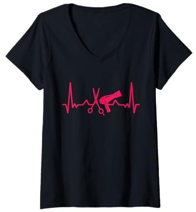 Damen Hairstylist Salon Geschenk Schere Föhn Herzschlag Friseur T-Shirt mit V-Ausschnitt