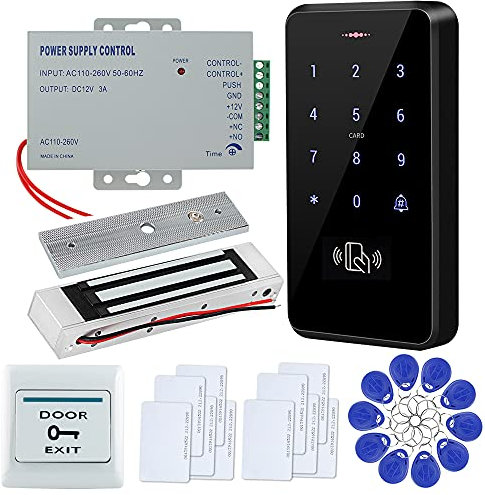 FTSTech IP68 Wasserdichtes RFID-Türzugangskontrollsystem Touchpanel 125KHz-Tastatur + Netzteil + elektrisches Schloss + Ausgangstaste + ID-Schlüsselanhänger Karten (Magnetschloss-Kit)
