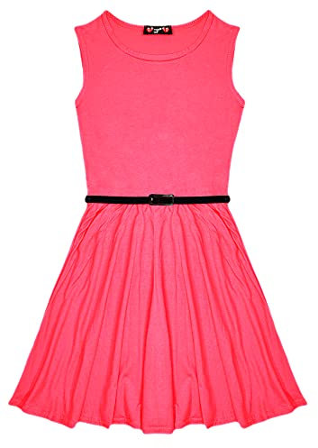 Aelstores - Vestito da pattinaggio per ragazze, stile retrò, con cintura, taglia 7-13 anni Rosa fluo 5-6 Anni