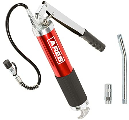 ARES 53013 – Professional Lever Action Grease Gun - 400cc Bulk and 14 Ounce Cartridge Loading - 4500 PSI Working Pressure Rating – 18-Inch Flex Hose and 6-Inch Offset Extension