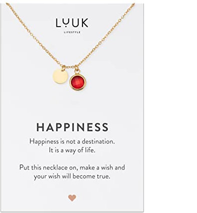 LUUK LIFESTYLE Halskette aus Edelstahl mit Glaskristallanhänger in Rot und HAPPINESS Spruchkarte, verstellbare Länge von 50 cm, Geschenkidee & Damenschmuck, Gold
