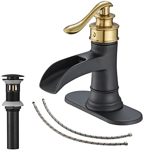 BATHLAVISH Robinet de salle de bain cascade noir et doré à trou unique avec bonde pop-up avec trop-plein à poignée unique pour lavabo, robinet de ferme monté sur le pont