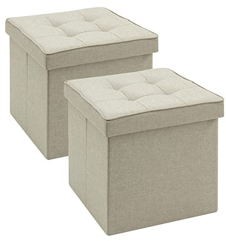 WOLTU 2er Set Sitzhocker mit Stauraum Sitzwürfel Sitzbank Faltbar Truhen Aufbewahrungsbox, Deckel Abnehmbar, Gepolsterte Sitzfläche aus Leinen, 37,5x37,5x38CM(LxBxH), Beige