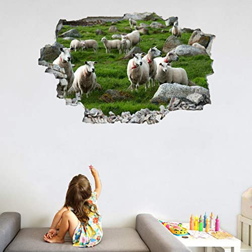Schafe Wandtattoo Aufkleber Wandbild Wiesen Mauerloch 3D Durchbruch Effekt Wandsticker Nutztiere Wandaufkleber Abnehmbare Wanddeko fürs Wohnung Wohnzimmer Schlafzimmer Bad Kinderzimmer Tapeten Deko