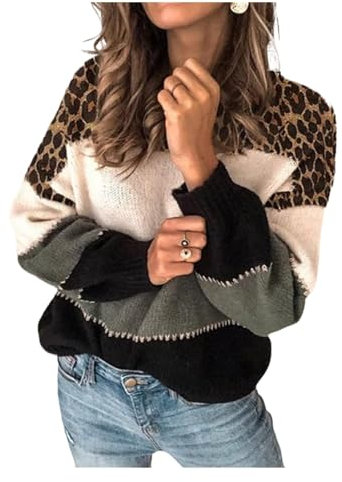 HEYPORK Damen Herbst Winter Warm Bequem Pullover Casual Mode Strickjacke Strickpullover Frauen Persönlichkeits Colorblock Rundhals Pullover Lockerer Strickpullover(Schwarz, S)