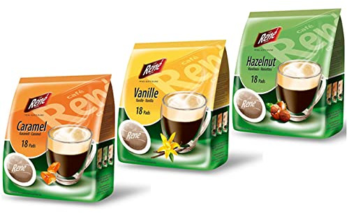 Café Rene Flavoured Coffee for Senseo Machines - CARAMEL, HAZELNUT, VANILLA - 54 Coffee Pads - 18 Per Pack